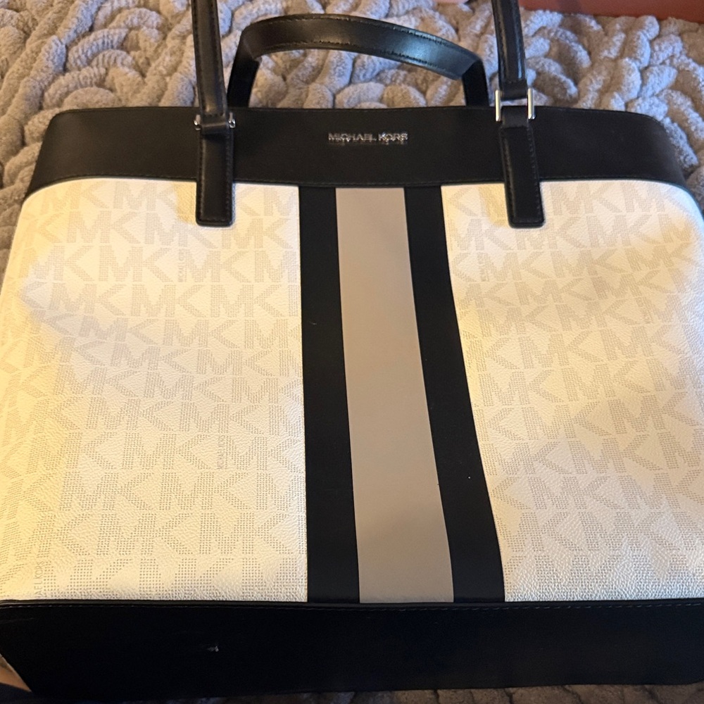 Michael Kors White and Black Logo Tote with Center Gray Stripe